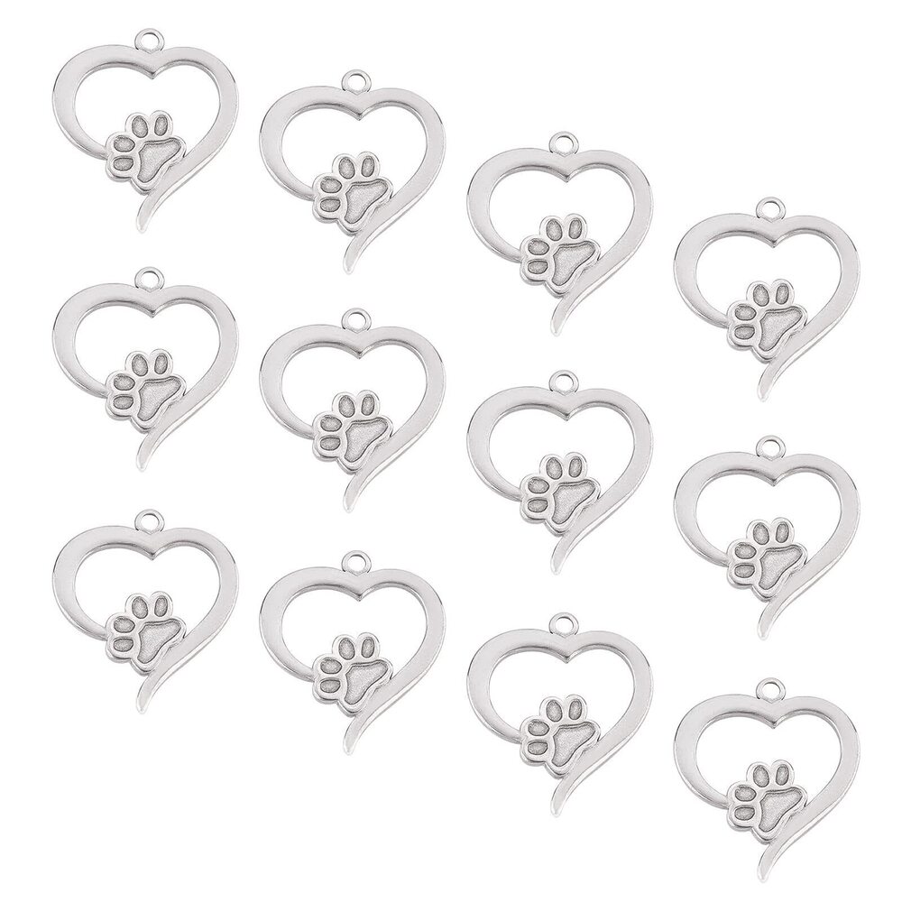 2937 12pcs Heart with Dog Footprint Pendants for Enamel Stainless Steel
